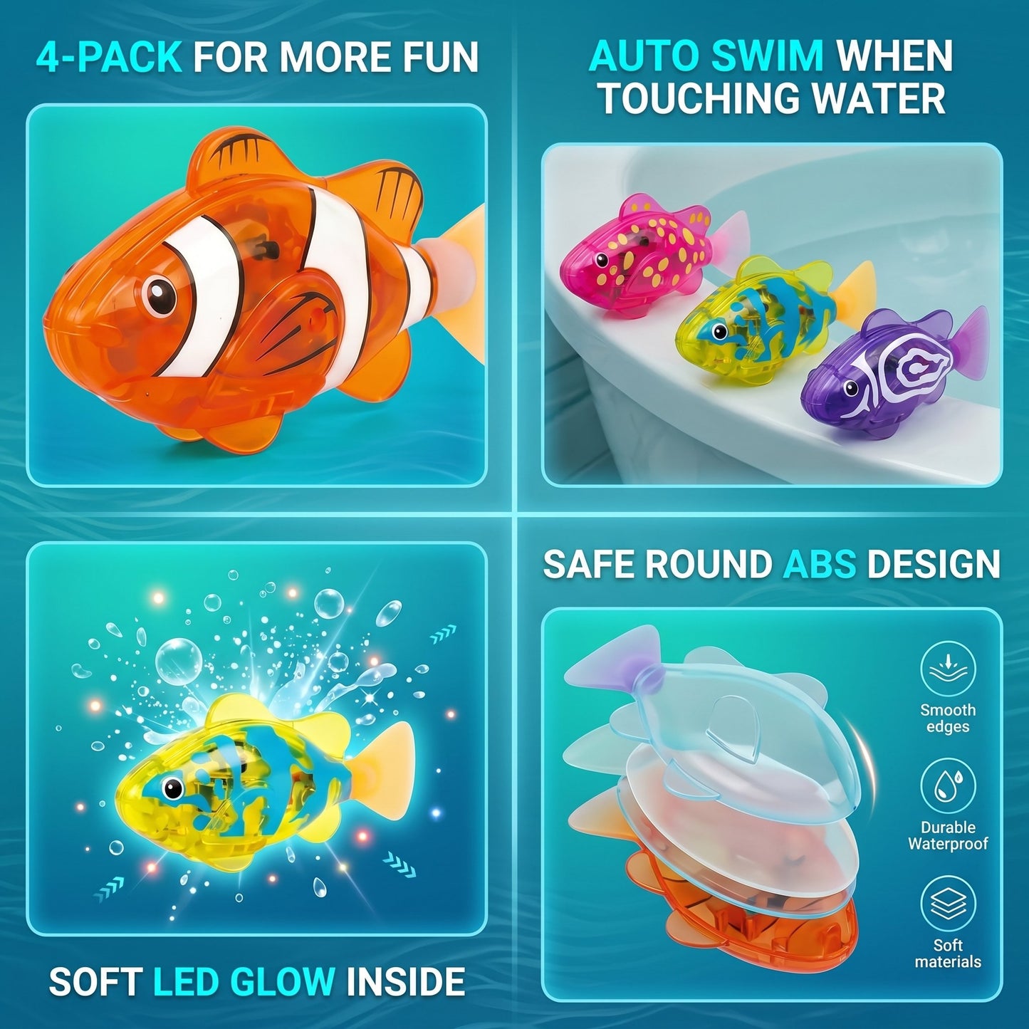 🐟4Pcs Induction Activated | LED Light Up | Auto-Swimming Bath Toy🐟